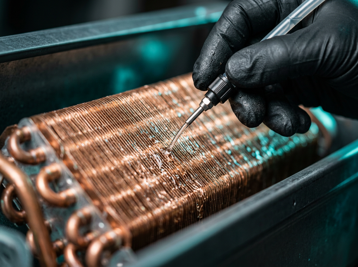 Technician applying SmartACFlush treatment to an AC evaporator coil
